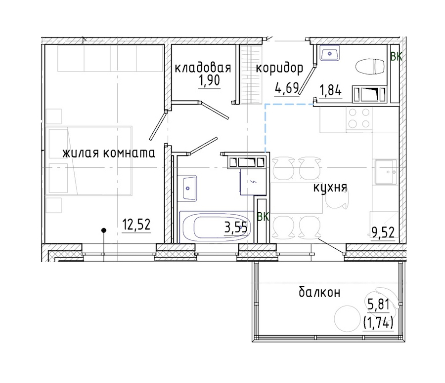 1-комнатная квартира 39.83 м², 9/9 эт., ЖК «Jaanila Country 3»